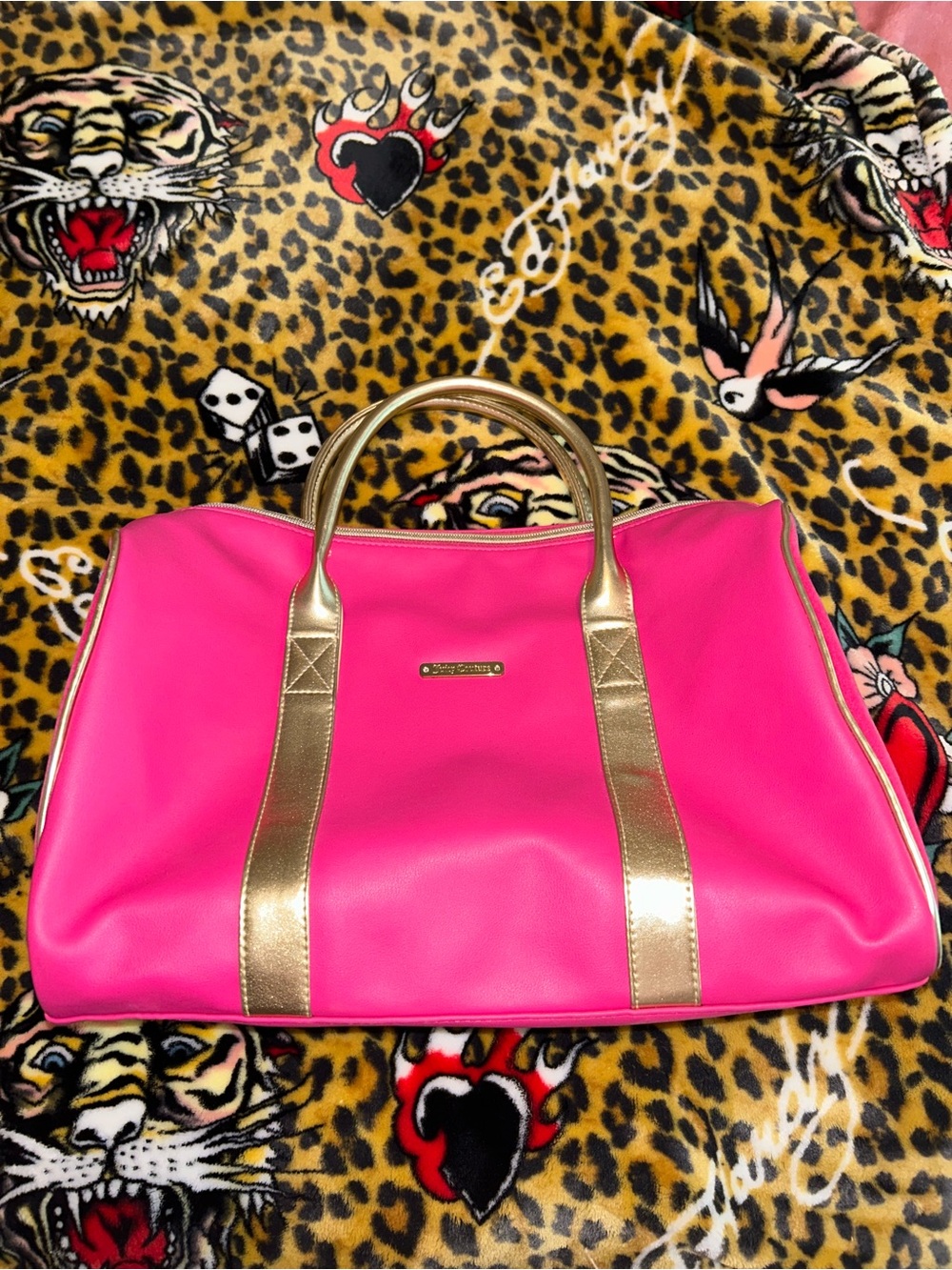Juicy couture Bright Pink duffle Tote Bag with Gold Accents